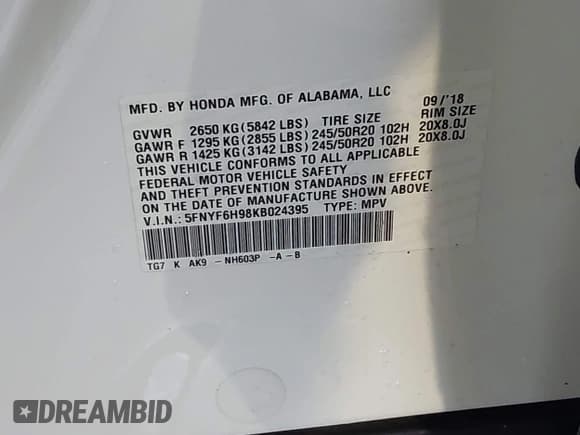 ✅ 2019 Honda Pilot Touring 8-Passenger • VIN: 5FNYF6H98KB024395 • Lot: 43615838. Listed on IAAI with 76,753 mi. Free auction sales archive from the USA and detailed vehicle history report at DreamBid. Image 9.