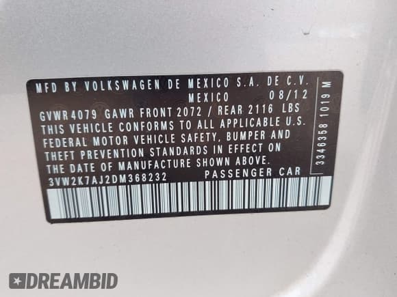 ✅ 2013 Volkswagen Jetta S • VIN: 3VW2K7AJ2DM368232 • Lot: 42491608. Listed on IAAI with 80,823 mi. Free auction sales archive from the USA and detailed vehicle history report at DreamBid. Image 9.