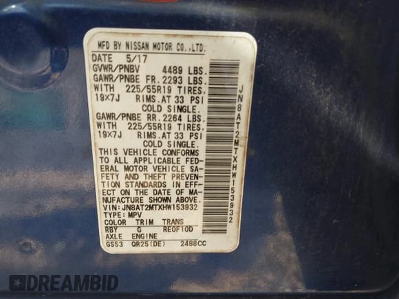 ✅ 2017 Nissan Rogue SV • VIN: JN8AT2MTXHW153932 • Lot: 42694899. Listed on IAAI with 96,550 mi. Free auction sales archive from the USA and detailed vehicle history report at DreamBid. Image 9.