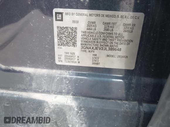 ✅ 2018 Chevrolet Equinox LT • VIN: 3GNAXJEV2JL389648 • Lot: 43072053. Listed on IAAI with 120,749 mi. Free auction sales archive from the USA and detailed vehicle history report at DreamBid. Image 9.