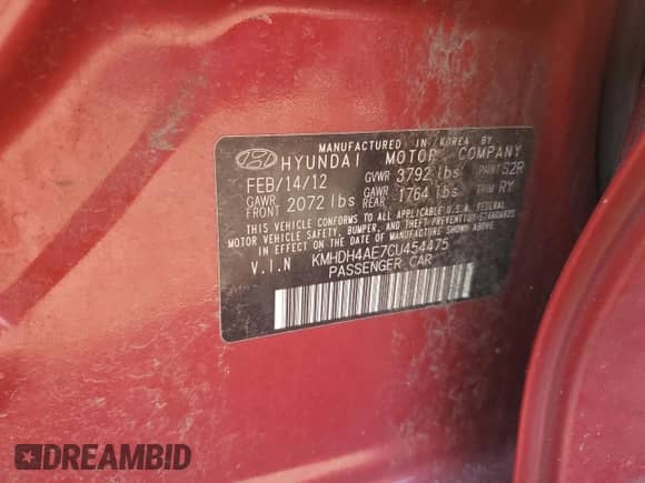 2012 Hyundai Elantra Limited with VIN KMHDH4AE7CU454475, listed as a Copart auction lot 66629005 with 138,783 mi miles and Salvage title. Bid and sale history available at DreamBid. Image 13.