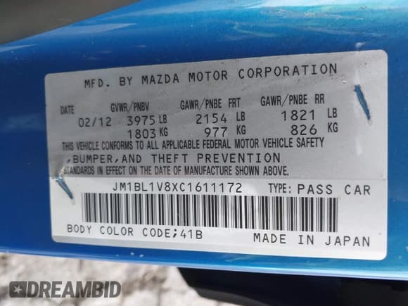 ✅ 2012 Mazda 3 i Touring • VIN: JM1BL1V8XC1611172 • Lot: 43132505. Listed on IAAI with Not provided. Free auction sales archive from the USA and detailed vehicle history report at DreamBid. Image 9.