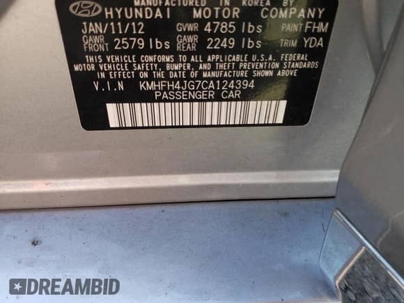2012 Hyundai Azera with VIN KMHFH4JG7CA124394, listed as a Copart auction lot 81489605 with 61,823 mi miles and Salvage title. Bid and sale history available at DreamBid. Image 12.
