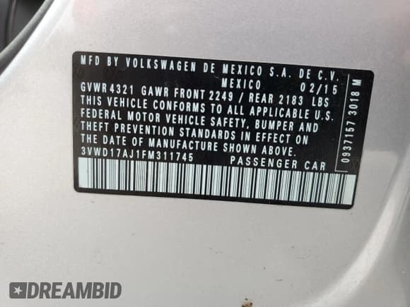 ✅ 2015 Volkswagen Jetta SE • VIN: 3VWD17AJ1FM311745 • Lot: 55936435. Listed on Copart with 79,819 mi. Free auction sales archive from the USA and detailed vehicle history report at DreamBid. Image 12.