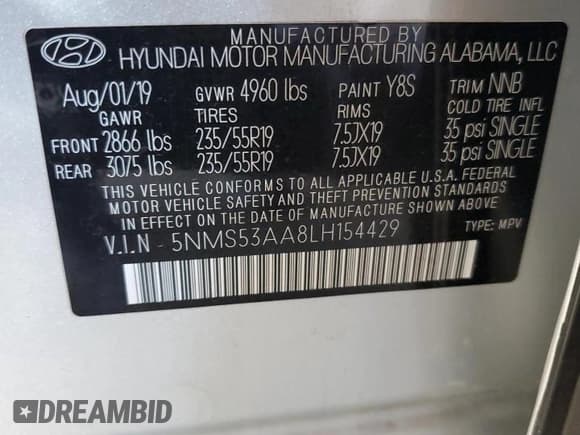 ✅ 2020 Hyundai Santa Fe Limited • VIN: 5NMS53AA8LH154429 • Лот: 48694724. Опубликован ранее на Copart с пробегом 54 490 миль. Бесплатный доступ к архиву аукционных продаж из США и подробный отчёт об истории автомобиля на DreamBid. Изображение 12.