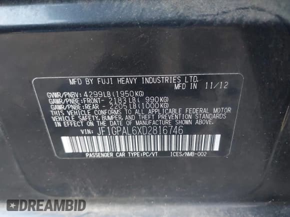 ✅ 2013 Subaru Impreza Special Sports Premium • VIN: JF1GPAL6XD2816746 • Lot: 43760097. Listed on IAAI with 104,280 mi. Free auction sales archive from the USA and detailed vehicle history report at DreamBid. Image 9.