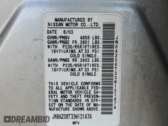 ✅ 2003 Nissan Murano SL • VIN: JN8AZ08T33W121474 • Lot: 84792105. Listed on Copart with 206,822 mi. Free auction sales archive from the USA and detailed vehicle history report at DreamBid. Image 13.