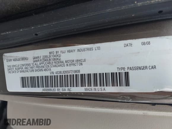 ✅ 2009 Subaru Legacy Limited • VIN: 4S3BL626597218606 • Lot: 43035157. Wystawiony na IAAI z przebiegiem 159 586 mil. Bezpłatny archiwum sprzedaży aukcyjnych z USA i szczegółowy raport historii pojazdu na DreamBid. Zdjęcie 9.