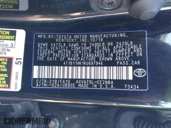 2019 Toyota Camry LE with VIN 4T1B11HK1KU697946, listed as a IAAI auction lot 43424429 with 289,881 mi miles and . Bid and sale history available at DreamBid. Image 9.