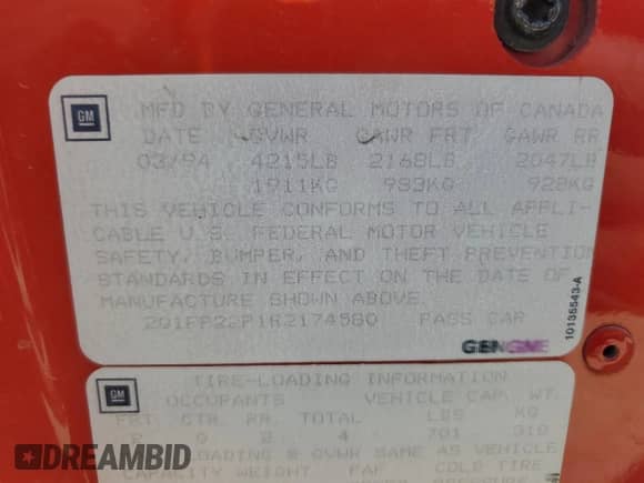 1994 Chevrolet Camaro Z28 z VIN 2G1FP22P1R2174580, wystawiony jako Copart lot #47289165 z przebiegiem 35 711 mil mil oraz Szkoda całkowita • Salvage title. Historia ofert i sprzedaży dostępna na DreamBid. Obrazek 12.