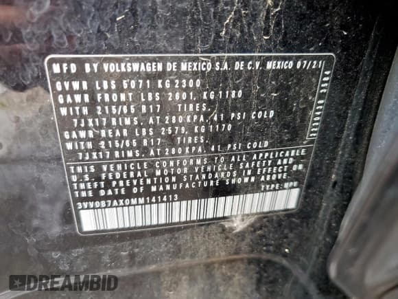 ✅ 2021 Volkswagen Tiguan S • VIN: 3VV0B7AX0MM141413 • Лот: 80727195. Опубликован ранее на Copart с пробегом 43 042 миль. Бесплатный доступ к архиву аукционных продаж из США и подробный отчёт об истории автомобиля на DreamBid. Изображение 13.