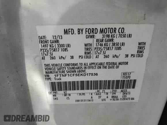 ✅ 2014 Ford F-150 XL • VIN: 1FTNF1CF5EKD17536 • Lot: 87407175. Listed on Copart with 207,064 mi. Free auction sales archive from the USA and detailed vehicle history report at DreamBid. Image 12.