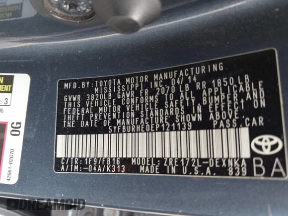 ✅ 2014 Toyota Corolla LE Plus • VIN: 5YFBURHE0EP121139 • Lot: 43808796. Listed on IAAI with 167,772 mi. Free auction sales archive from the USA and detailed vehicle history report at DreamBid. Image 9.