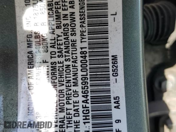 ✅ 2009 Honda Civic GX • VIN: 1HGFA46599L000481 • Lot: 66741445. Listed on Copart with 191,092 mi. Free auction sales archive from the USA and detailed vehicle history report at DreamBid. Image 12.