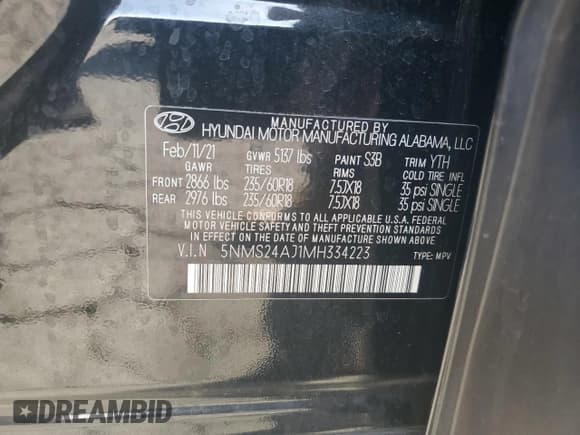 ✅ 2021 Hyundai Santa Fe SEL • VIN: 5NMS24AJ1MH334223 • Lot: 89676665. Listed on Copart with 33,629 mi. Free auction sales archive from the USA and detailed vehicle history report at DreamBid. Image 13.