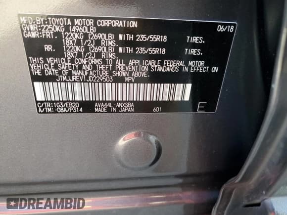 ✅ 2018 Toyota RAV4 Hybrid SE • VIN: JTMJJREV1JD229503 • Lot: 85352365. Listed on Copart with Not provided. Free auction sales archive from the USA and detailed vehicle history report at DreamBid. Image 14.