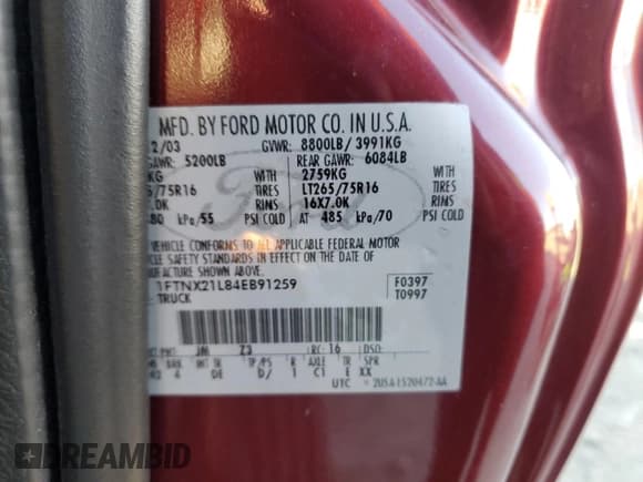 ✅ 2004 Ford F-250 XL • VIN: 1FTNX21L84EB91259 • Lot: 91052585. Listed on Copart with 138,415 mi. Free auction sales archive from the USA and detailed vehicle history report at DreamBid. Image 13.