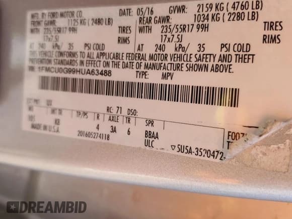 ✅ 2017 Ford Escape SE • VIN: 1FMCU0G99HUA63488 • Lot: 86258995. Listed on Copart with 161,292 mi. Free auction sales archive from the USA and detailed vehicle history report at DreamBid. Image 12.