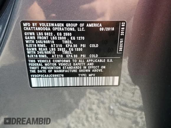 ✅ 2018 Volkswagen Atlas SE • VIN: 1V2CP2CA9JC599276 • Lot: 63149785. Wystawiony na Copart z przebiegiem 68 589 mil. Bezpłatny archiwum sprzedaży aukcyjnych z USA i szczegółowy raport historii pojazdu na DreamBid. Zdjęcie 13.