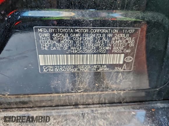 ✅ 2008 Lexus IS 250 • VIN: JTHBK262285061922 • Лот: 95612865. Опубликован ранее на Copart с пробегом 326 623 миль. Бесплатный доступ к архиву аукционных продаж из США и подробный отчёт об истории автомобиля на DreamBid. Изображение 13.