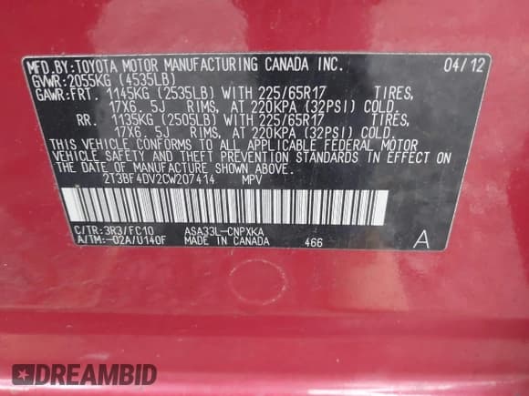 ✅ 2012 Toyota RAV4 • VIN: 2T3BF4DV2CW207414 • Lot: 43735552. Listed on IAAI with 101,795 mi. Free auction sales archive from the USA and detailed vehicle history report at DreamBid. Image 9.