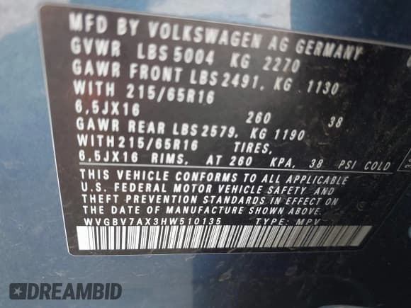 ✅ 2017 Volkswagen Tiguan S • VIN: WVGBV7AX3HW510135 • Lot: 42440696. Listed on IAAI with Not provided. Free auction sales archive from the USA and detailed vehicle history report at DreamBid. Image 9.