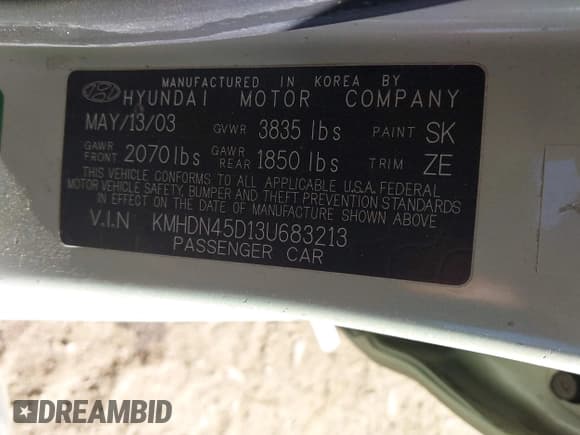 ✅ 2003 Hyundai Elantra GLS • VIN: KMHDN45D13U683213 • Lot: 42131348. Wystawiony na IAAI z przebiegiem 108 823 mil. Bezpłatny archiwum sprzedaży aukcyjnych z USA i szczegółowy raport historii pojazdu na DreamBid. Zdjęcie 9.
