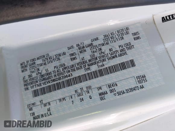 ✅ 2011 Ford Econoline Cargo Commercial • VIN: 1FTNE1EW3BDB39643 • Lot: 43095244. Listed on IAAI with 210,705 mi. Free auction sales archive from the USA and detailed vehicle history report at DreamBid. Image 9.