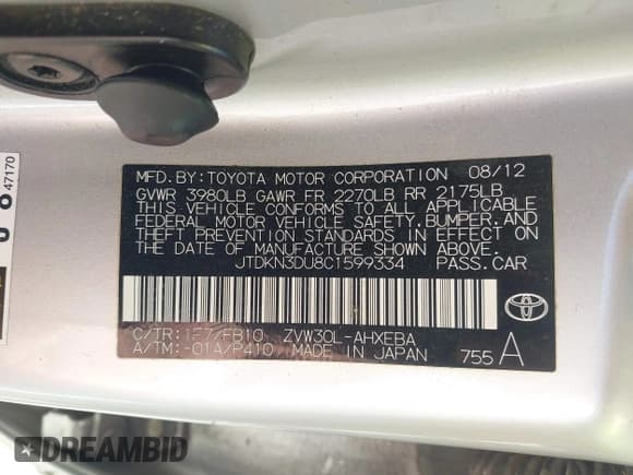 ✅ 2012 Toyota Prius Two • VIN: JTDKN3DU8C1599334 • Lot: 43672298. Wystawiony na IAAI z przebiegiem 232 675 mil. Bezpłatny archiwum sprzedaży aukcyjnych z USA i szczegółowy raport historii pojazdu na DreamBid. Zdjęcie 9.