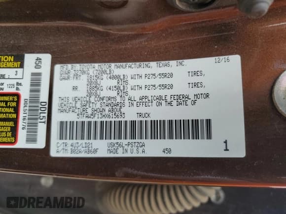 ✅ 2017 Toyota Tundra Platinum • VIN: 5TFAW5F13HX615693 • Лот: 61790265. Опубликован ранее на Copart с пробегом Не указан. Бесплатный доступ к архиву аукционных продаж из США и подробный отчёт об истории автомобиля на DreamBid. Изображение 13.