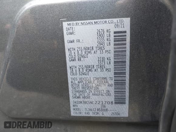 ✅ 2022 Nissan Pathfinder SV • VIN: 5N1DR3BC5NC221708 • Lot: 43476421. Listed on IAAI with 116,016 mi. Free auction sales archive from the USA and detailed vehicle history report at DreamBid. Image 9.