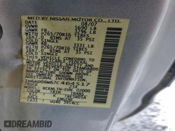 ✅ 2007 Nissan Frontier SE • VIN: 1N6AD06W67C464517 • Lot: 97326665. Listed on Copart with 142,694 mi. Free auction sales archive from the USA and detailed vehicle history report at DreamBid. Image 12.