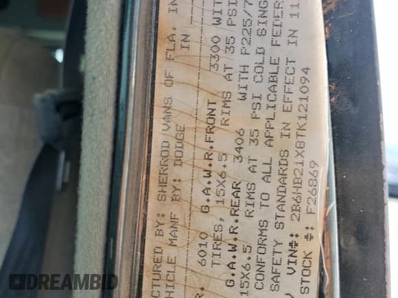 ✅ 1996 Dodge Cargo • VIN: 2B6HB21X8TK121094 • Lot: 70969694. Listed on Copart with 110,837 mi. Free auction sales archive from the USA and detailed vehicle history report at DreamBid. Image 13.