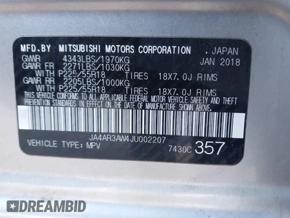 ✅ 2018 Mitsubishi Outlander SE • VIN: JA4AR3AW4JU002207 • Lot: 43555833. Listed on IAAI with 183,566 mi. Free auction sales archive from the USA and detailed vehicle history report at DreamBid. Image 9.