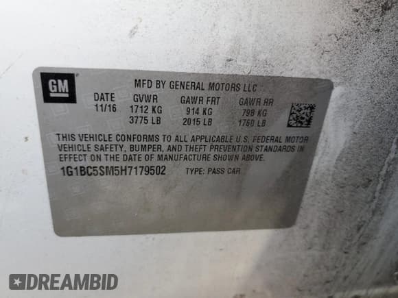 ✅ 2017 Chevrolet Cruze LS • VIN: 1G1BC5SM5H7179502 • Lot: 91923565. Listed on Copart with 132,768 mi. Free auction sales archive from the USA and detailed vehicle history report at DreamBid. Image 13.