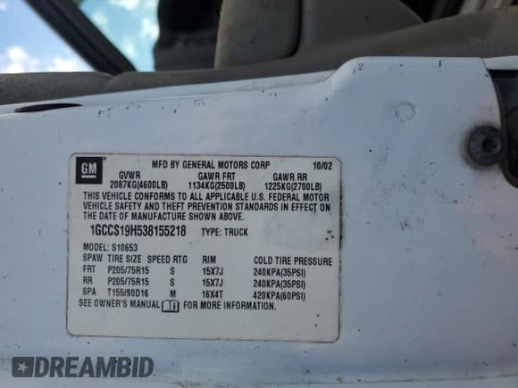 ✅ 2003 Chevrolet S-10 • VIN: 1GCCS19H538155218 • Лот: 41485795. Опубликован ранее на Copart с пробегом 247 331 миль. Бесплатный доступ к архиву аукционных продаж из США и подробный отчёт об истории автомобиля на DreamBid. Изображение 13.