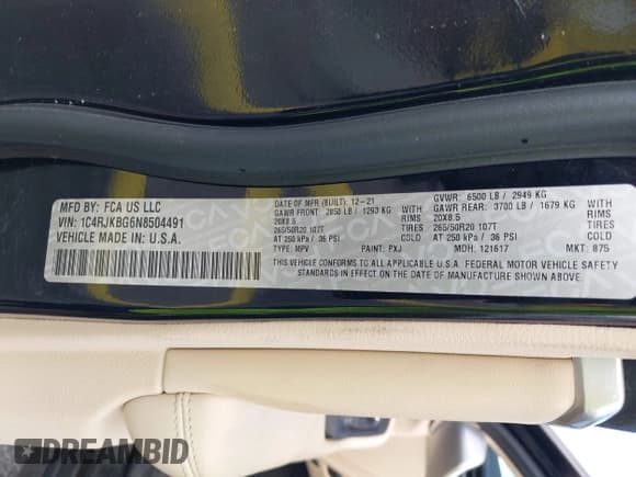 ✅ 2022 Jeep Grand Cherokee Limited • VIN: 1C4RJKBG6N8504491 • Лот: 43392516. Опубликован ранее на IAAI с пробегом 66 395 миль. Бесплатный доступ к архиву аукционных продаж из США и подробный отчёт об истории автомобиля на DreamBid. Изображение 9.