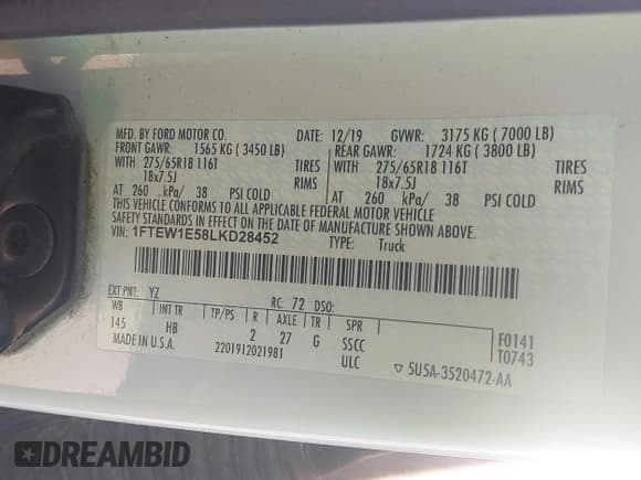 ✅ 2020 Ford F-150 XL • VIN: 1FTEW1E58LKD28452 • Lot: 43308852. Wystawiony na IAAI z przebiegiem 228 555 mil. Bezpłatny archiwum sprzedaży aukcyjnych z USA i szczegółowy raport historii pojazdu na DreamBid. Zdjęcie 9.