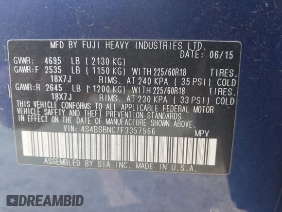 ✅ 2015 Subaru Outback Limited • VIN: 4S4BSBNC7F3357566 • Lot: 43287614. Listed on IAAI with 267,824 mi. Free auction sales archive from the USA and detailed vehicle history report at DreamBid. Image 9.