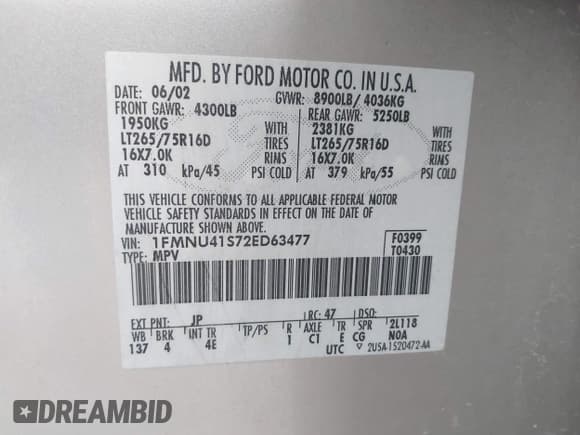 ✅ 2002 Ford Excursion Special Serv • VIN: 1FMNU41S72ED63477 • Лот: 43033462. Опубликован ранее на IAAI с пробегом 279 357 миль. Бесплатный доступ к архиву аукционных продаж из США и подробный отчёт об истории автомобиля на DreamBid. Изображение 9.