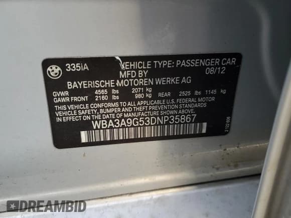 ✅ 2013 BMW 3 Series 335i • VIN: WBA3A9G53DNP35867 • Lot: 69428605. Listed on Copart with 101,685 mi. Free auction sales archive from the USA and detailed vehicle history report at DreamBid. Image 12.