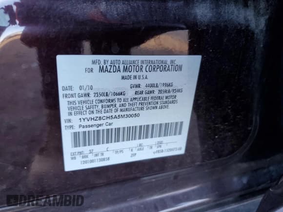 ✅ 2010 Mazda 6 i Touring • VIN: 1YVHZ8CH5A5M30050 • Lot: 90848345. Wystawiony na Copart z przebiegiem 120 973 mil. Bezpłatny archiwum sprzedaży aukcyjnych z USA i szczegółowy raport historii pojazdu na DreamBid. Zdjęcie 12.