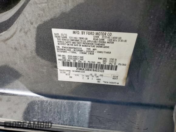 ✅ 2015 Ford Flex SE • VIN: 2FMGK5B8XFBA03533 • Lot: 64664735. Listed on Copart with 219,371 mi. Free auction sales archive from the USA and detailed vehicle history report at DreamBid. Image 12.