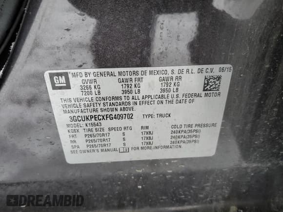 ✅ 2015 Chevrolet Silverado 1500 Work Truck • VIN: 3GCUKPECXFG409702 • Lot: 41699745. Listed on Copart with 136,418 mi. Free auction sales archive from the USA and detailed vehicle history report at DreamBid. Image 12.