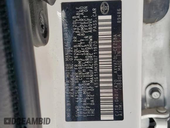 ✅ 2022 Toyota Camry SE • VIN: 4T1G11AK9NU711970 • Lot: 92610195. Wystawiony na Copart z przebiegiem 65 086 mil. Bezpłatny archiwum sprzedaży aukcyjnych z USA i szczegółowy raport historii pojazdu na DreamBid. Zdjęcie 13.