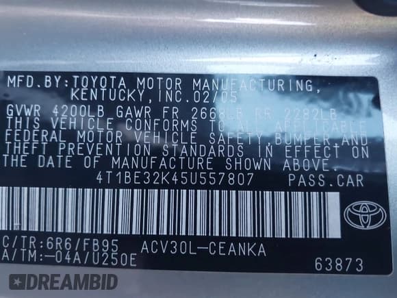 ✅ 2005 Toyota Camry SE • VIN: 4T1BE32K45U557807 • Lot: 43696415. Listed on IAAI with 118,918 mi. Free auction sales archive from the USA and detailed vehicle history report at DreamBid. Image 9.