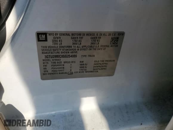 ✅ 2016 GMC Sierra 1500 SLE • VIN: 3GTU2MEC0GG254089 • Lot: 68652745. Listed on Copart with 125,293 mi. Free auction sales archive from the USA and detailed vehicle history report at DreamBid. Image 12.