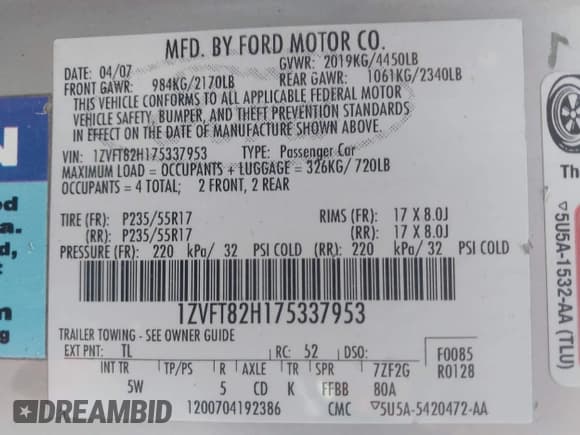 ✅ 2007 Ford Mustang GT Deluxe • VIN: 1ZVFT82H175337953 • Lot: 43703364. Wystawiony na IAAI z przebiegiem 216 473 mil. Bezpłatny archiwum sprzedaży aukcyjnych z USA i szczegółowy raport historii pojazdu na DreamBid. Zdjęcie 9.