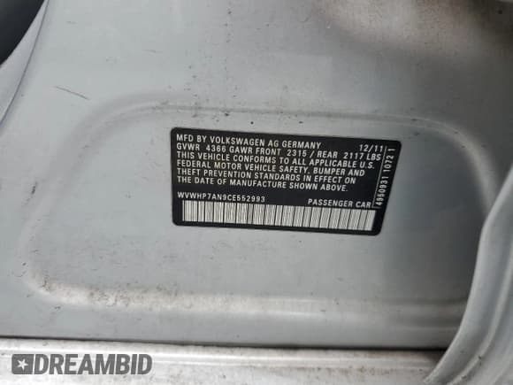 ✅ 2012 Volkswagen CC Lux Plus • VIN: WVWHP7AN9CE552993 • Lot: 51700625. Listed on Copart with 147,107 mi. Free auction sales archive from the USA and detailed vehicle history report at DreamBid. Image 13.