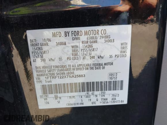 ✅ 2007 Ford F-150 XL • VIN: 1FTRF122X7NA25883 • Lot: 43077908. Listed on IAAI with 274,877 mi. Free auction sales archive from the USA and detailed vehicle history report at DreamBid. Image 9.